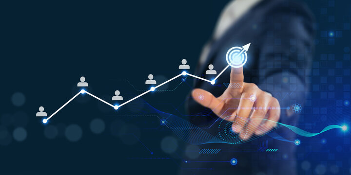 Partner Driven Business Success. Businessman touches rising graph with team icons, symbolizing partner collaboration, shared growth and data driven success in a connected digital ecosystem.