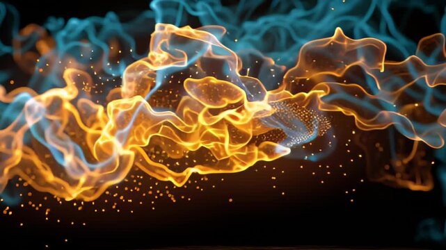 Colorful flames swirl and dance in bright blue and orange hues with sparkles in a dark setting