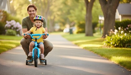 Obraz premium Proud dad showing child how to ride a bike on a sunny suburban sidewalk, capturing a heartwarming teaching moment for a family bonding and development concept