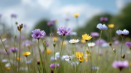 Fototapeta premium Vibrant Wildflower Meadow Under a Bright Sky with Colorful Blooms Dancing in the Gentle Breeze and Soft Clouds in the Background