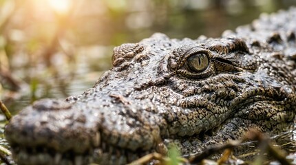Fototapeta premium Close-up of a crocodile's eye and textured skin in shallow water with sunlight