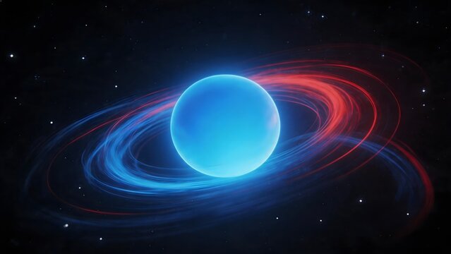 Blue planet with red and blue rings in space