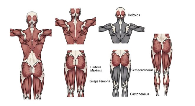 Human body muscle anatomy diagrams.