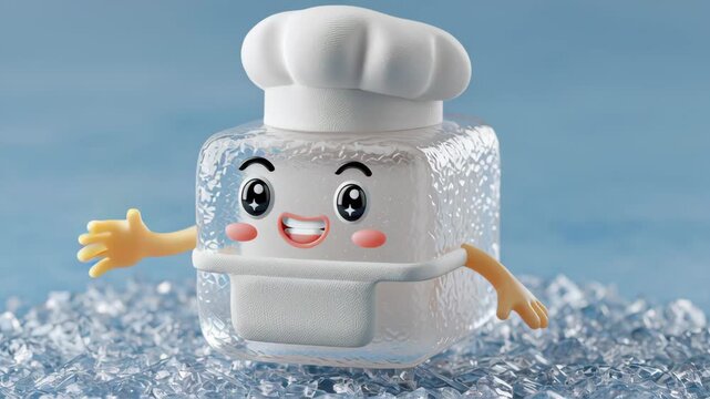 Cartoon ice cube character with chef hat and smiling face waves cheerfully while standing on crushed ice against a soft blue background, showcasing playful design and vibrant colors