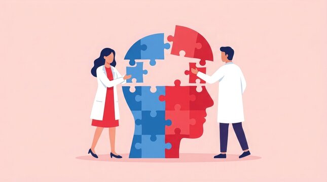 Mental health concept doctors connecting puzzle pieces of a brain