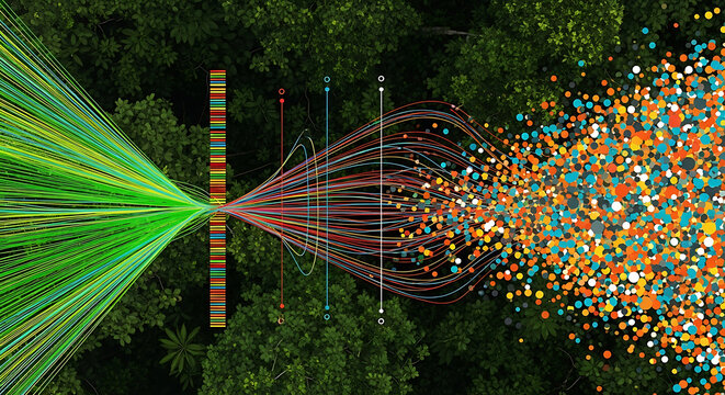 Abstract data flow visualization with digital particles and colorful connections visualization abstract particles technology connection information innovation complexity communication