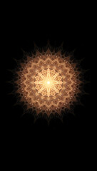 Fototapeta premium Intricate golden sun mandala on black background, glowing sacred geometry with mystical light and spiritual symmetry.