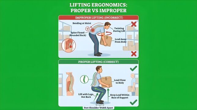 proper vs improper lifting ergonomics infographic for workplace safety training
