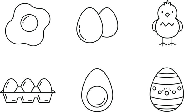 Egg And Chicken Line Icon Set Featuring Whole Eggs Fried Egg Carton Chick And Decorative Easter Egg Symbols For Food And Holiday Design.