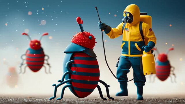 Cartoon-style character in protective gear interacts with oversized striped insect, holding a spray canister in a surreal outdoor environment with additional insects in the background