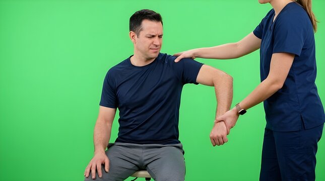 physiotherapist performing shoulder impingement test on male patient in clinic