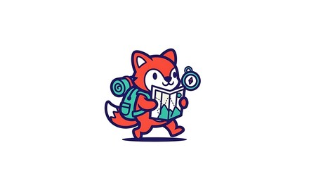 Fototapeta premium Fox explorer with a backpack walks through the wilderness while checking a detailed paper map.