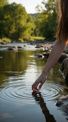 Fototapeta premium Hand gently immersed in water surface creating ripples, surrounded by rocky shore.