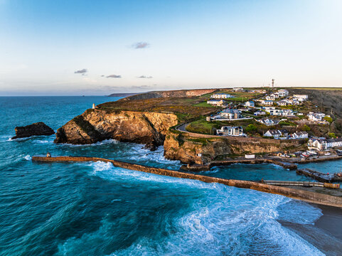 Seascape at storm from a drone, Portreath, Redruth, Cornwall, England