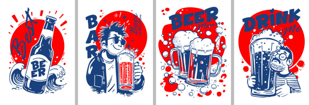 Illustration showcasing classic pub scene with bold beer imagery and vibrant tones. Artistic poster portraying nostalgic pub setting with frothy beverages and lively color palette
