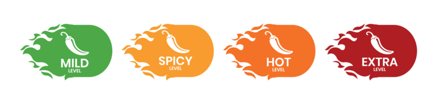 Red Chili Peppers Fire Flames icon. Chili mild level, spicy level, hot level, extra level Label. Hot Spicy green, yellow, orange icons. Logo Spicy. Extra chilli badge. Hand drawn. Vector illustration.