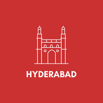 Minimalist temple illustration representing HYDERABAD, blending heritage architecture with modern clean line design aesthetics style with red background.