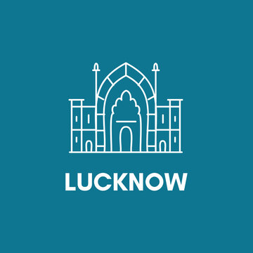 Minimalist temple illustration representing LUCKNOW, blending heritage architecture with modern clean line design aesthetics style with blue background.