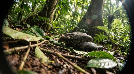 Fototapeta premium Snake coiled around prey in a lush forest floor