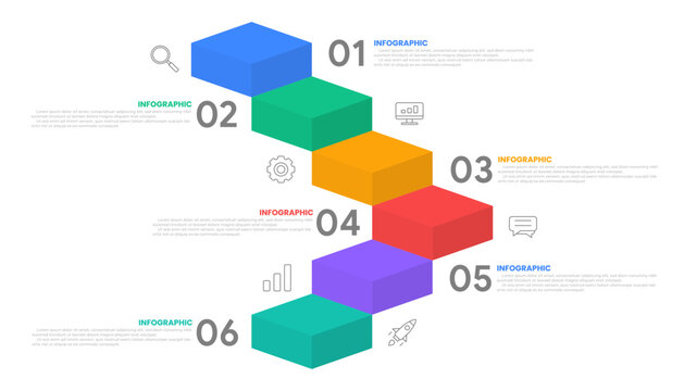 3D Isometric Step Infographic with 6 Colorful Blocks