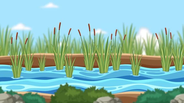 Animated nature landscape with river stream and green reeds under blue sky background for cartoon scene.