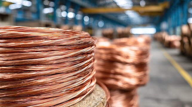 Close-Up of Industrial Copper Wire Rolls with Detailed Metallic Standard Scale in Warehouse Environment for Enhanced Visual Insight