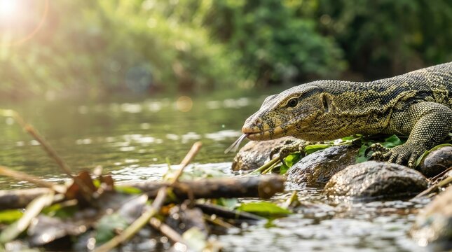 Monitor lizard with tongue flicking out by a stream