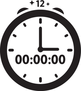 Midnight alarm clock icon, black and white vector, 12 o'clock symbol, time concept