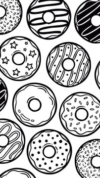 Looping footage of assorted donut outlines arranged in a seamless pattern on a light background. Clean lines and smooth motion create a modern food visual, ideal for ads, menus, and branding use.