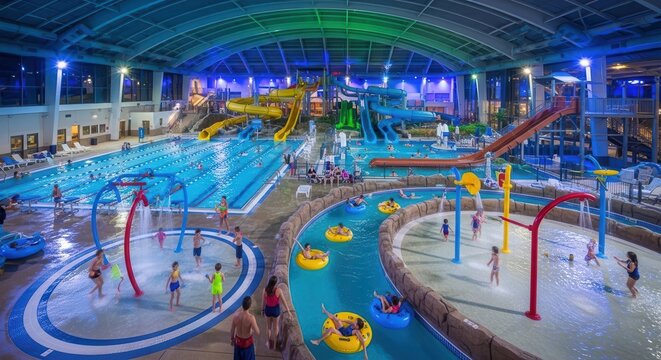 Sprawling Indoor Aquatic Center Featuring Multiple Pools, Water Slides, and a Lazy River with People Enjoying Recreation