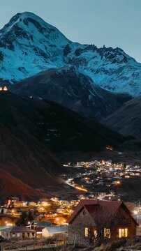 Stepantsminda, Georgia. Evening Bright Starry Sky With Glowing Stars Above