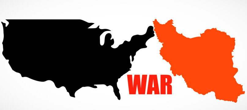 Map USA and Iran with the word "war" isolated on white background
