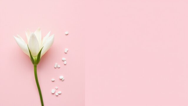 Close-up photo of delicate flower with tiny white sprinkles on a pink background.
