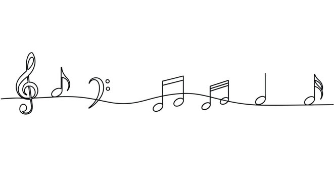 Continuous line drawing of music notes and clef symbols with line art