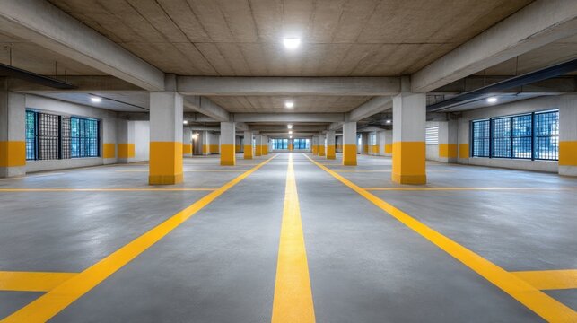 Modern parking garage interior with empty parking spaces, clean lines, and bright lighting, showcasing urban architectural design and organization
