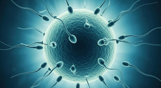 Sperm cells surrounding an ovum in a microscopic view