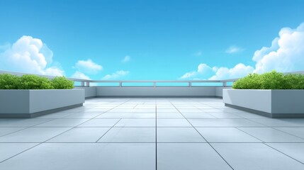 Obraz premium Bright and Open Rooftop Terrace with Clear Blue Sky and Lush Greenery for Relaxation and Outdoor Gathering Spaces