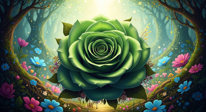 vibrant fantasy green rose blooming in mystical enchanted forest with glowing light
