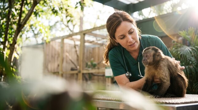 Veterinarian examining a capuchin monkey in an outdoor enclosure