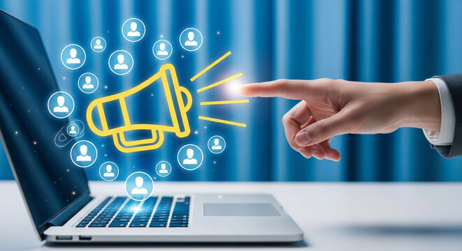 business professional activating digital megaphone on laptop for marketing outreach