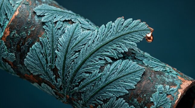 Corroded copper pipe + turquoise patina spreading as feather barbs