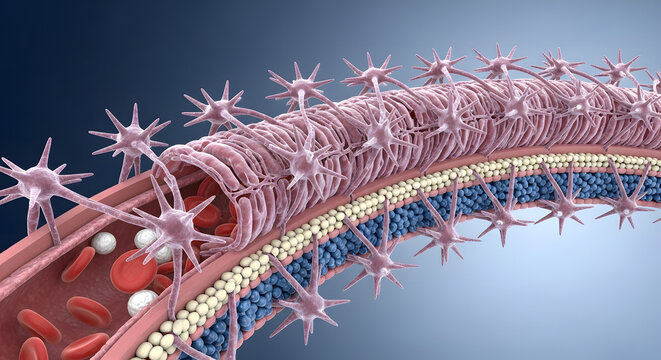 3D Illustration of Blood Vessel Interior With Endothelial Cells, Red Blood Cells and Lipid Membrane