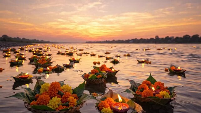 Serene ganga dussehra ritual with floating flower lamps on the golden river at sunset.