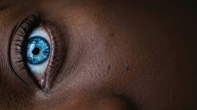 Macro shot of a bright blue eye with dark brown skin