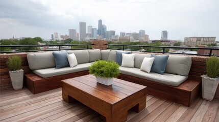 Obraz premium Modern Rooftop Terrace with Comfortable Seating and View of Urban Skyline on Cloudy Day
