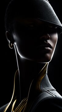 Elegantes Studioportr&auml;t einer Person mit schwarzer Kappe und goldener Halskette vor dunklem Hintergrund im Halbprofil