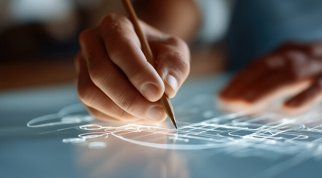 Architect's hand precisely traces glowing luminous schematic lines across an illuminated interactive drafting surface.