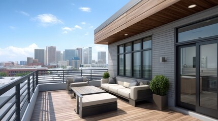Obraz premium Modern rooftop terrace design with comfortable seating and stunning city skyline view, perfect for relaxation and entertainment in urban settings