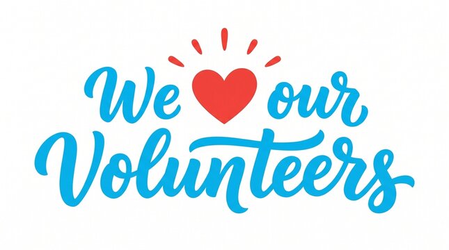 We Love Our Volunteers quote with red heart and radiating lines, graphic design
