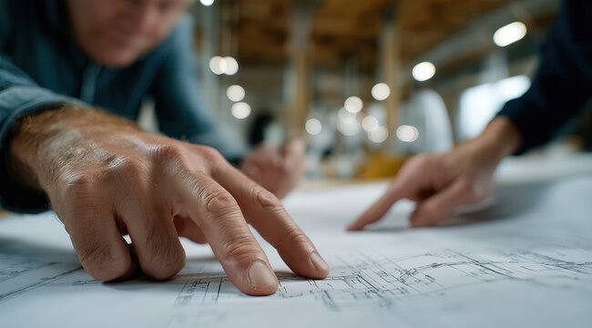 Two professionals lean intently over detailed architectural drawings spread across workshop planning table.